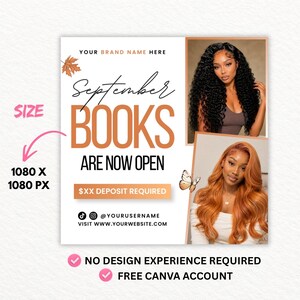 May include: A digital marketing flyer template featuring the text September BOOKS ARE NOW OPEN and $XX DEPOSIT REQUIRED. It includes two photos of individuals with different hairstyles, a maple leaf, a butterfly, and social media icons.
