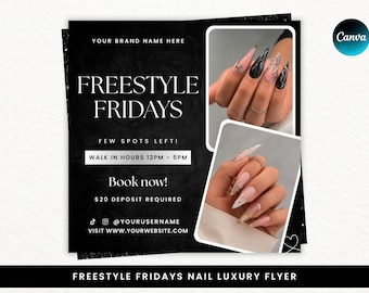 Ulotka z ofertą specjalną na paznokcie, ulotka z ofertą luksusowego salonu manicure Freestyle Fridays, ulotka z wizytą bez umawiania, ulotka z rezerwacją paznokci, edytowalny szablon Canva