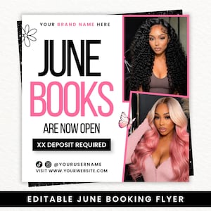 Op de afbeelding: Een promotieflyer met de tekst "JUNE BOOKS ARE NOW OPEN" in zwart en roze. De flyer bevat twee afbeeldingen van vrouwen met lang haar, een vlindergrafiek en social media handles. De flyer is een bewerkbare juni boekingsflyer.