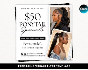 Ponytail Specials Flyer, Hair Stylist Booking Flyer, Editable Canva Template