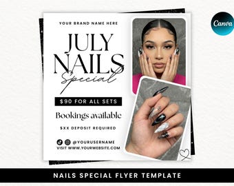Lipcowa ulotka specjalna na paznokcie, ulotka dla techników paznokci, ulotka do rezerwacji manicure, letnie promocje na paznokcie, edytowalny szablon Canva