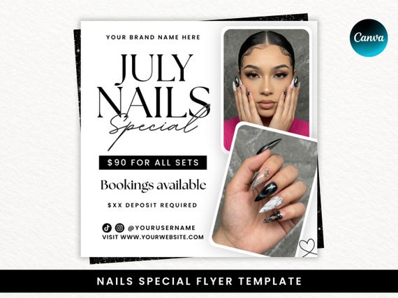 July Nail Special Flyer, Nail Tech Flyer, Nail Booking Flyer, Summer Nail Deals, Editable Canva Template