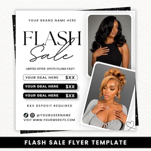 May include: A square digital flyer template featuring the text FLASH SALE and LIMITED OFFER. SPOTS FILLING FAST! It includes placeholders for brand name, three deals with prices, a deposit amount, social media handles, and a website URL.