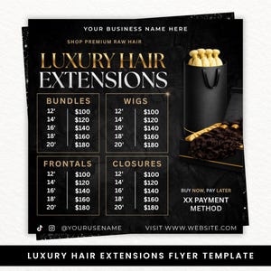 以下が含まれることがあります： 黒と金の高級ヘアエクステンションのチラシ。バンドル、ウィッグ、フロント、クロージャーの価格が含まれています。ヘアエクステンションが入った黒い容器と箱が特徴です。「Luxury Hair Extensions」というテキストが含まれています。