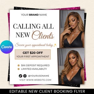 Pode incluir: Um flyer promocional branco com o texto "CALLING ALL NEW Clients" e "OBTENHA $20 DE DESCONTO". O flyer inclui imagens de uma mulher com cabelo comprido e um top preto. O logotipo Canva é visível.