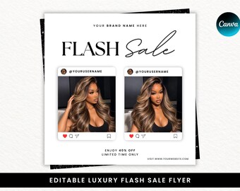 May include: A square digital flyer template featuring the text FLASH Sale, YOUR BRAND NAME HERE, and ENJOY 40% OFF LIMITED TIME ONLY. It includes two social media post mockups displaying a person with long wavy brown hair and the text @YOURUSERNAME.