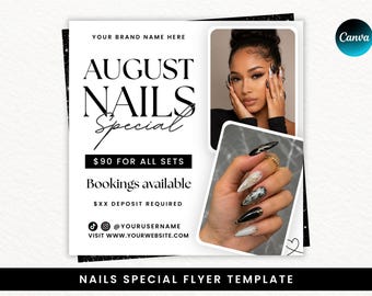 Ulotka specjalna August Nails, ulotka dla techników paznokci, ulotka dla rezerwacji usług manicure, wyprzedaż dla techników paznokci, oferty na manicure, wizyty u manicure, edytowalny szablon Canva