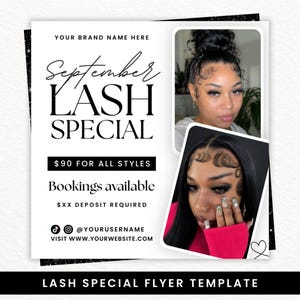 Puede incluir: Una plantilla de folleto cuadrada con el texto September LASH SPECIAL, $90 FOR ALL STYLES, Bookings available y $XX DEPOSIT REQUIRED. Incluye dos marcos de fotos que muestran personas con pestañas y cabello estilizados, además de iconos.