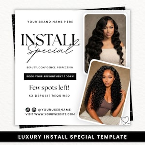 Może przedstawiać: Kwadratowy szablon marketingu cyfrowego z tekstem INSTALL Special, BEAUTY, CONFIDENCE, PERFECTION, BOOK YOUR APPOINTMENT TODAY!, Few spots left! oraz XX DEPOSIT REQUIRED. Zawiera dwa zdjęcia osób z długimi włosami.