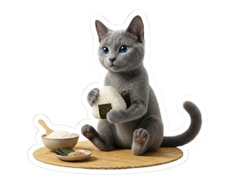 Onigiri Making Gray Cat Sticker or Phone Case, Japanese Rice Ball Cat, Kawaii Cooking Cat Art