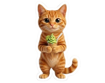 Pegatina o funda para teléfono de gato atigrado naranja con helado de matcha, lindo gato japonés con postre de matcha, regalo kawaii para amantes de los gatos, arte estético japonés de gatos