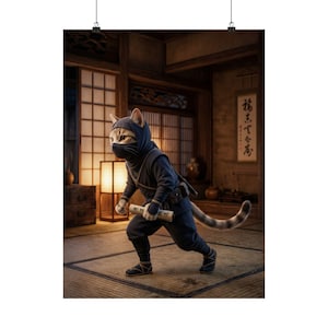 Ninja Cat with Secret Scroll Japanese Wall Art Poster Japan Aesthetic Decor