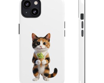 Pegatina o funda para teléfono de gato con helado de matcha calico, lindo gato japonés de postre de matcha, regalo kawaii para amantes de los gatos, arte estético japonés de gatos