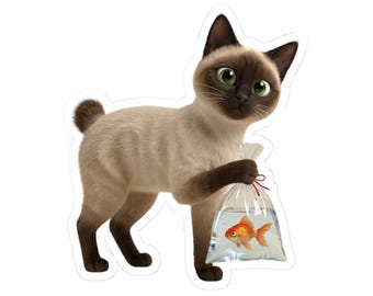 Japanese Goldfish Cat Sticker or Phone Case Kawaii Siamese Cat Holding Goldfish Bag Cute Japanese Cat Art Japan Aesthetic Cat Lover Gift