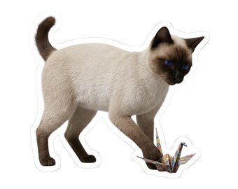 Japanese Origami Cat Sticker or Phone Case Kawaii Siamese Cat Playing with Origami Crane Cute Japanese Cat Art Japan Aesthetic Cat Lover