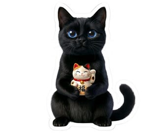 Pegatina o funda para teléfono de gato negro de la suerte, arte de gato Maneki Neko, lindo gato japonés de la fortuna, regalo kawaii para amantes de los gatos