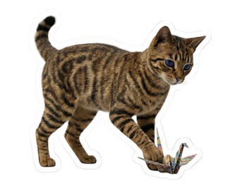 Title Japanese Origami Cat Sticker or Phone Case Kawaii Tabby Cat Playing with Origami Crane Cute Japanese Cat Art Japan Aesthetic Cat Lover