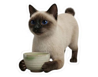 Matcha Cat Sticker or Phone Case, Kawaii Japanese Cat Holding Matcha Tea Bowl, Cute Japan Aesthetic Cat, Cat Lover Gift