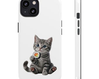 Pegatina o funda para teléfono de gato atigrado gris sushi, lindo gato sushi sosteniendo un rollo maki, regalo kawaii para amantes de los gatos, arte japonés de gatos y comida.