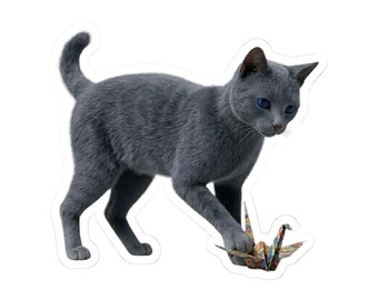 Japanese Origami Cat Sticker or Phone Case Kawaii Gray Cat Playing with Origami Crane Cute Japanese Cat Art Japan Aesthetic Cat Lover Gift