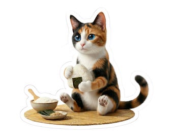 Onigiri Making Calico Cat Sticker or Phone Case, Japanese Rice Ball Cat, Kawaii Cooking Cat Art