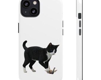 Japanese Origami Cat Sticker or Phone Case Kawaii Black and White Cat Playing with Origami Crane Cute Cat Art Japan Aesthetic Cat Lover