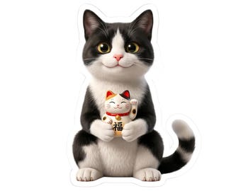 Pegatina o funda para teléfono del gato Maneki Neko de la suerte, lindo gato de la suerte en blanco y negro, arte japonés del gato de la fortuna, regalo de gato kawaii