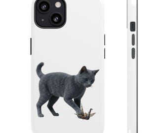 Japanese Origami Cat Sticker or Phone Case Kawaii Gray Cat Playing with Origami Crane Cute Japanese Cat Art Japan Aesthetic Cat Lover Gift