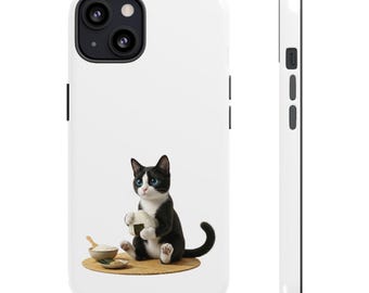 Onigiri Making Tuxedo Cat Sticker or Phone Case, Japanese Rice Ball Cat, Kawaii Cooking Cat Art