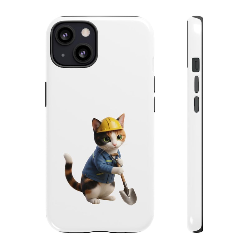 Construction Worker Cat Sticker, Kawaii Builder Cat Phone Case, Cute Working Cat Japan Style, Cat Lover Gift, Funny Hard Hat Cat image 1