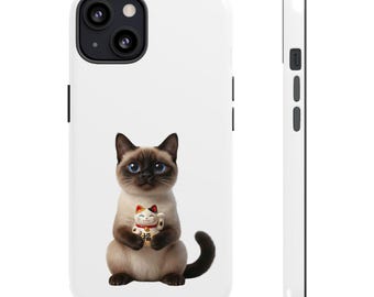 Pegatina o funda para teléfono de gato siamés de la suerte, arte de gato Maneki Neko, lindo gato de la fortuna japonés, regalo de gato kawaii