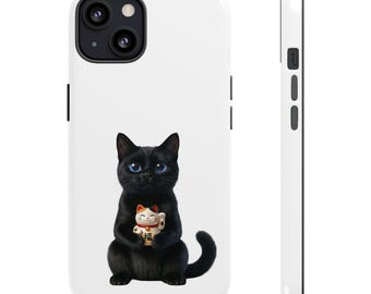 Pegatina o funda para teléfono de gato negro de la suerte, arte de gato Maneki Neko, lindo gato japonés de la fortuna, regalo kawaii para amantes de los gatos