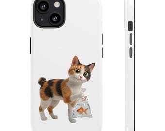 Japanese Goldfish Cat Sticker or Phone Case Kawaii Calico Cat Holding Goldfish Bag Cute Japanese Cat Art Japan Aesthetic Cat Lover Gift