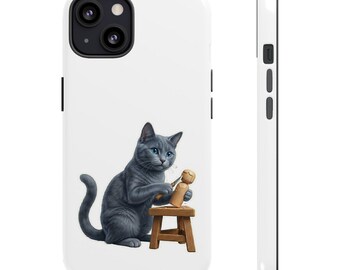 Japanese Kokeshi Craft Cat Sticker or Phone Case Kawaii Gray Cat Carving Kokeshi Doll Cute Japanese Cat Art Japan Aesthetic Cat Lover Gift