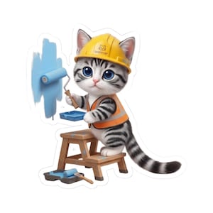 Painter Cat Sticker Cute Construction Worker Cat Kawaii Builder Kitty Funny Cat Lover Gift Japan Aesthetic image 1