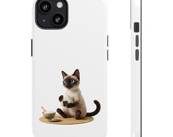 Onigiri Making Siamese Cat Sticker or Phone Case, Japanese Rice Ball Cat, Kawaii Cooking Cat Art