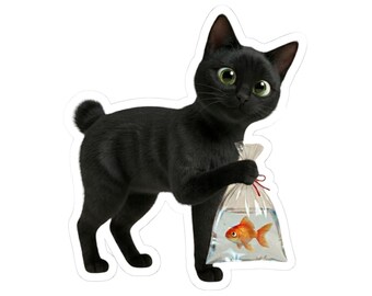 Japanese Goldfish Cat Sticker or Phone Case Kawaii Black Cat Holding Goldfish Bag Cute Japanese Cat Art Japan Aesthetic Cat Lover Gift