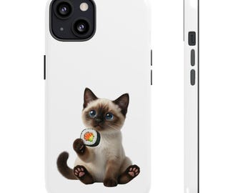 Pegatina o funda para teléfono de gato siamés sushi, lindo gato maki sushi, regalo kawaii para amantes de los gatos, arte japonés de gatos y comida.
