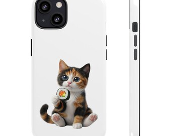 Pegatina o funda para teléfono de gato Calico Sushi, lindo gato Maki Sushi, regalo kawaii para amantes de los gatos, arte japonés de gatos y comida.