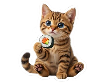 Pegatina o funda para teléfono de un lindo gato atigrado sushi, Kawaii Maki Sushi Cat, Arte de gatos de comida japonesa, Regalo para amantes de los gatos