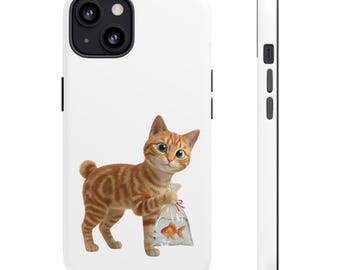 Japanese Goldfish Cat Sticker or Phone Case Kawaii Orange Tabby Cat Holding Goldfish Bag Cute Japanese Cat Japan Aesthetic Cat Lover Gift