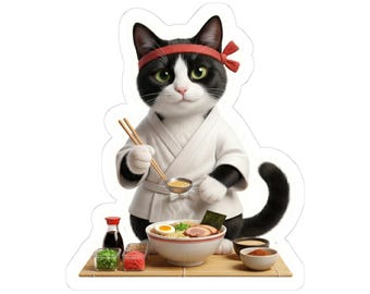 Ramen Chef Cat Sticker or Phone Case, Tuxedo Ramen Cat, Cute Japanese Ramen Cooking Cat, Kawaii Food Cat Art