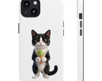 Pegatina o funda para teléfono de gato con helado de matcha en blanco y negro, lindo gato japonés con postre de matcha, regalo kawaii para amantes de los gatos, arte estético japonés de gatos