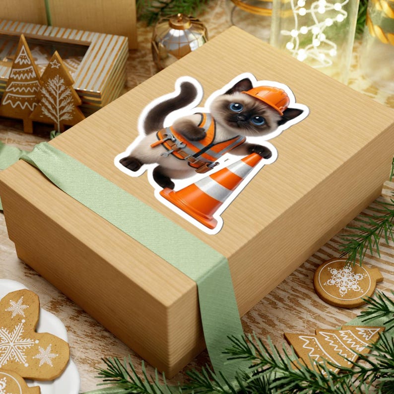 Construction Worker Cat Sticker Cute Builder Kitty with Safety Cone Kawaii Worker Cat Funny Cat Lover Gift Japan Aesthetic image 5