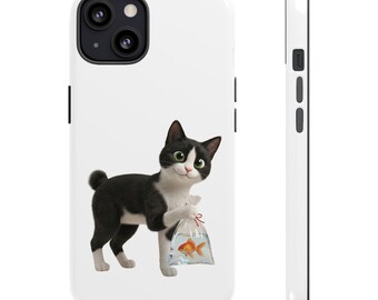 Japanese Goldfish Cat Sticker or Phone Case Kawaii Tuxedo Cat Holding Goldfish Bag Cute Japanese Cat Art Japan Aesthetic Cat Lover Gift