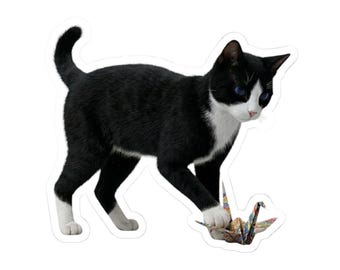 Japanese Origami Cat Sticker or Phone Case Kawaii Black and White Cat Playing with Origami Crane Cute Japanese Cat Art Japan Aesthetic Cat