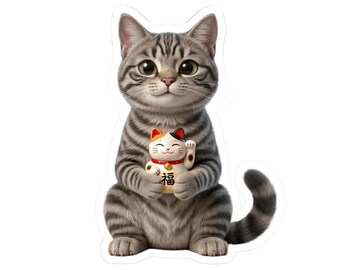 Pegatina o funda para teléfono de un lindo gato Maneki Neko atigrado, gato de la suerte sosteniendo un gato de la fortuna, arte japonés de gatos kawaii.