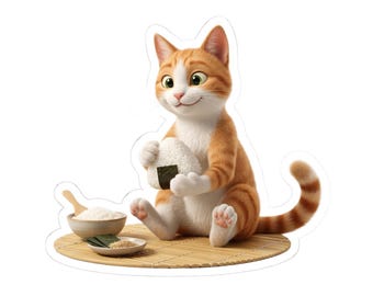 Onigiri Making Cat Sticker or Phone Case, Japanese Rice Ball Cat, Kawaii Cooking Cat Art