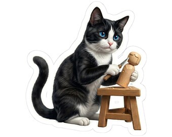 Japanese Kokeshi Craft Cat Sticker or Phone Case Kawaii Black and White Cat Carving Kokeshi Doll Cute Japanese Cat Art Japan Aesthetic Cat