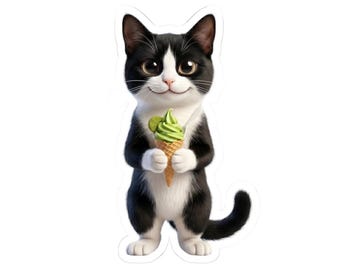 Pegatina o funda para teléfono de gato con helado de matcha en blanco y negro, lindo gato japonés con postre de matcha, regalo kawaii para amantes de los gatos, arte estético japonés de gatos